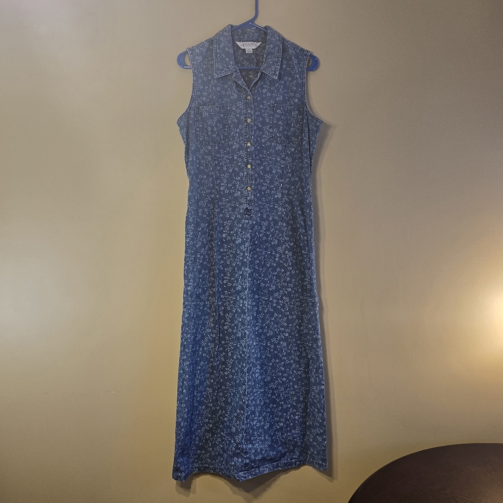 Casual Corner Annex Floral Denim long Maxi Dress Sz 12/L Blue Cottagecore Modest